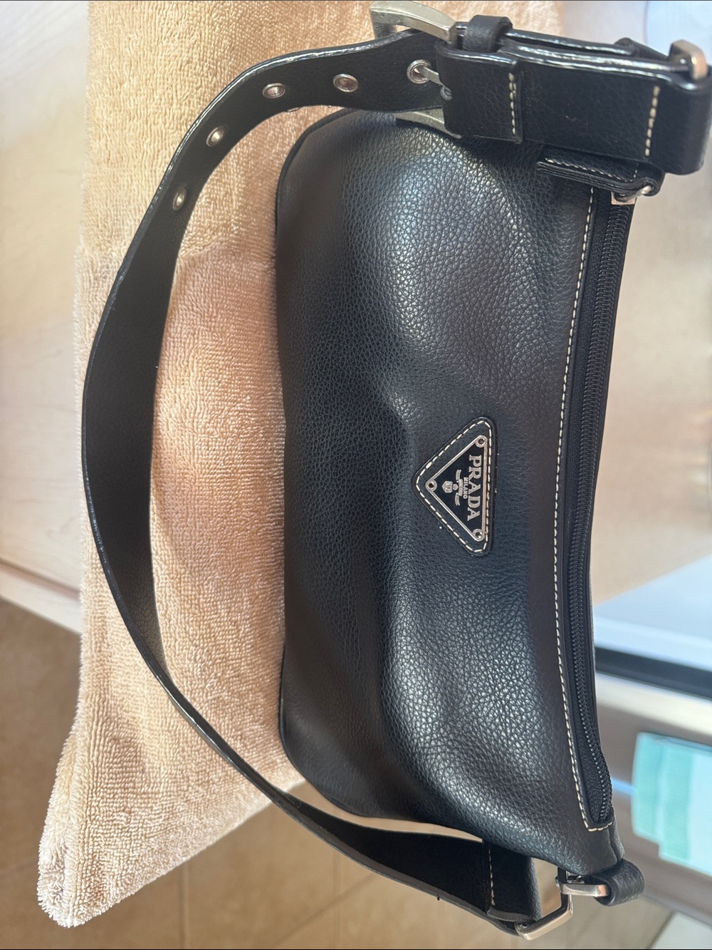 Prada Black Pebbled Leather Belt Bag with Silver Hardware